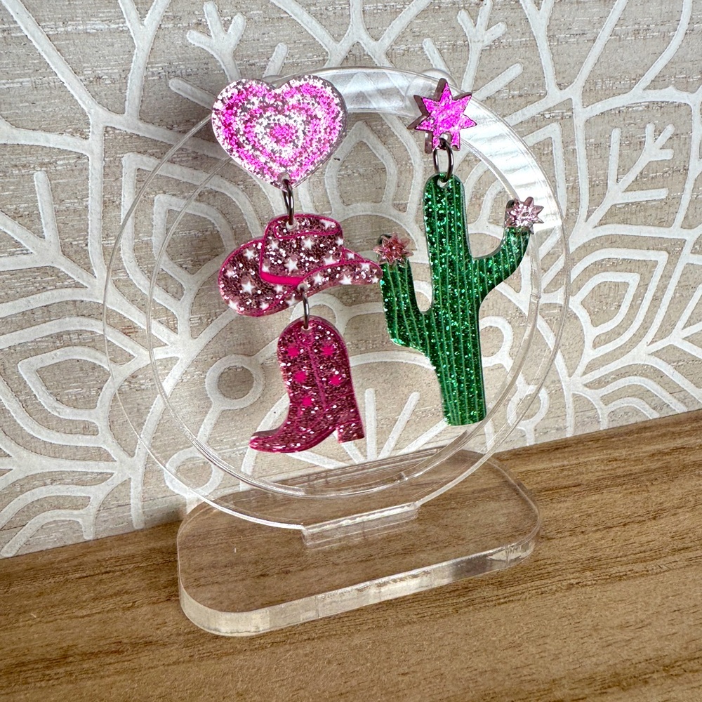 Asymmetrical Pink Cowgirl and Cactus Earrings